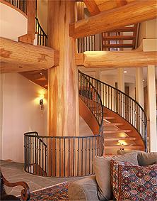 Staircase at Akasha winds around 400 year old cedar main post